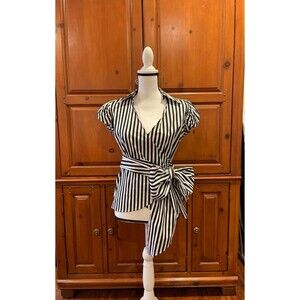 INC Striped wrap shirt w/puffy sleeves and ultra long waist tie -Size 6 (A098)